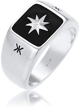 Kuzzoi Siegelring Herrenring, massiv 11 mm breit in 925 Sterling Silber, Oberfläche Emaille schwarz mit Stern Design, Ring für Männer in der Ringgröße 64, 0601112320_64