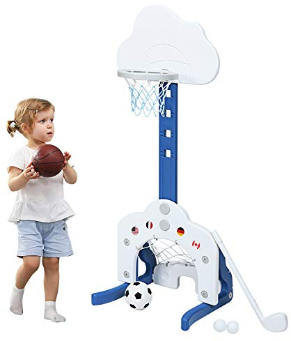 DREAMADE Support de Basketball pour Enfants 3-en-1 avec But de Foot et Clubs de Golf, Panier de Basket Réglable en Hauteur de 77 CM à 116 CM avec Basket/Football/Golf, Enfants 2 Ans+ (Nuage, Blanc)
