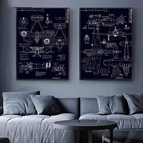 Dibujos de aviones industriales modernos nórdicos imagen de arte sofá de estar decoración de la pared calidad lienzo pintura cartel decoración del hogar 70x100cmx2pcs sin marco