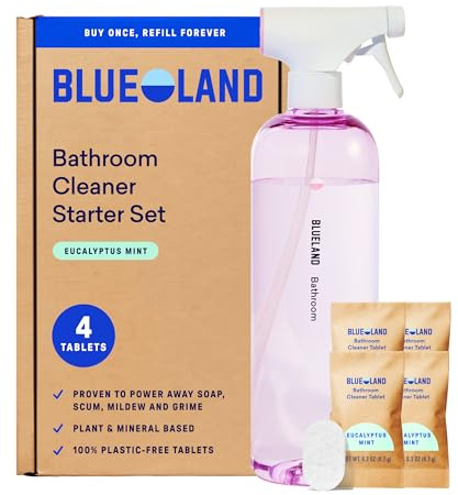 BLUELAND Flacone spray per la pulizia del bagno con 4 compresse di ricarica, prodotti ecologici e prodotti per la pulizia, profumo di eucalipto e menta, per 4 bottiglie da 60 ml (96 fl oz totali)