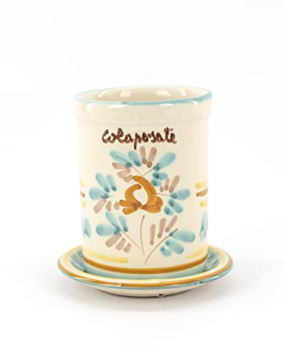 CEAR Ceramiche - Colaposate, barattolo scolaposate da cucina con piattino in ceramica artigianale siciliana H cm 13