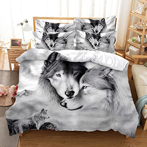 Housse de Couette 240 x 260 Loup Blanc 110g/㎡ Microfibre Parure de Lit 240 x 260 + 2 Taies d'oreiller 65x65 cm pour Hommes Mûrs Femmes Literie Housse de Couette Fermeture éclair