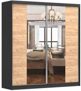 Fabryka Mebli Idźczak Kleiderschrank mit Spiegel, Schiebetüren - Schwebetürenschrank, Schlafzimmerschrank - ‎61 x 233 x 218 cm - Schwarz/Gold Schrank für Schlafzimmer, Wohnzimmer, Garderobe