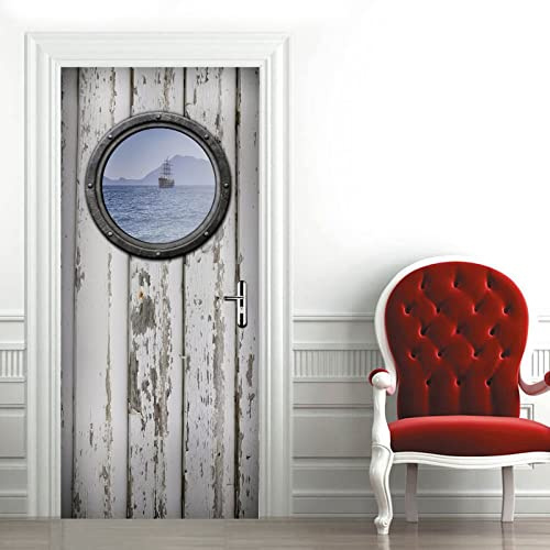 A.Monamour Türtapete Selbstklebend Türfolie Türposter 3D Schiff Bullauge Auf Weiße Holzwand Vinyl Folie Türdeko Tapete Wandbild Türaufkleber Türtattoo 85 x 200 cm