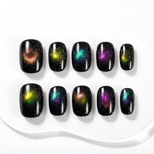 Sun&Beam Nails Handgefertigte Press-On Nails Short Squoval Schwarz (#091 S) | Schwarz mit mehrfarbigem Cat-Eye-Effekt und feinem Schimmer, glänzendes Finish, 10-teiliges Set