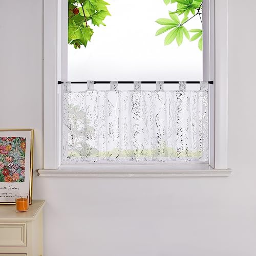 HeichkelL Modern Scheibengardine Transparent Bistrogardine Leinenoptik Baumzweige Küchegardine Schlaufen Kurzstore Silber HxB 30x90 cm