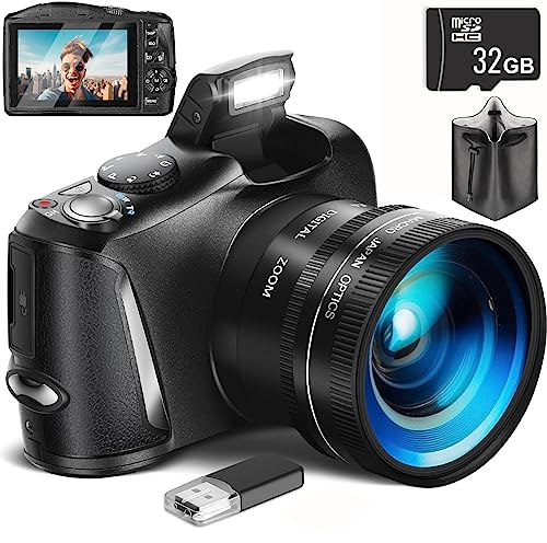 Fotocamera digitale da viaggio 4K 48MP, schermo girevole 180°, zoom 16X, WiFi, obiettivo grandangolare e macro, scheda 32GB, microfono esterno