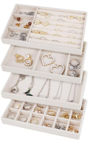 bssmmai Jewelry Trays Organizer, 4PCS Velvet Stackable Jewellery Organiser Storage Trays, Removable Jewellery Tray Organiser, Jewellery Display Storage Drawer for Necklace Ring Bracelet Earring
