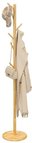 Exabang Garderobenständer, Kleiderständer Holz, 9 Haken, 4 Verstellbare Höhen, Jackenständer Kleiderständer Taschenständer Gardarobenstaender für Kleidung, Hüte, Taschen (Natur)