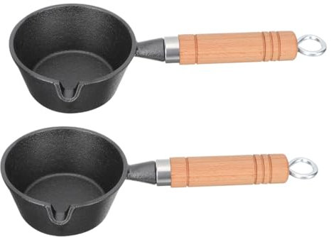 FUNOMOCYA 2pcs Mini Cast Iron Saucepan with Pour Spout and Wooden Handle, 11cm Diameter x 5cm Height, Small Melting Pot for Indoor Kitchen Cooking and Oil Boiling