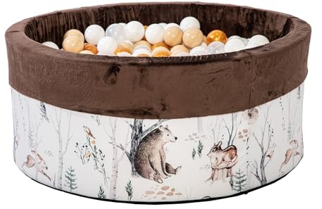 GoldenGroup Baby Forest Friends 90x40 cm Bällebad mit 200 Bällen - Spielzeug - Bällebad aus Samt - Rundes Bällebad aus Schaumstoff - Baby Forest Friends Bällebad -Braun: Weiß, Beige,Transparent,Gold