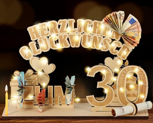 30. Geburtstag Frauen Männer Geldgeschenk Holz mit LED Lichterkette Ständer | Geschenke zum 30 Geburtstag - Personalisierte Gästebuch Geburtstagsgeschenk