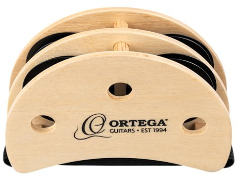 Ortega Guitars Percussion Foot Tambourine - Fußtamburin mit Edelstahl Schellen - Siam Eiche, Natur (OGFT-NT) | Für alle Spieler von Saiteninstrumenten, 4 Paar Schellen aus Edelstahl Schwarz Mattes Finish, OGFT-NT