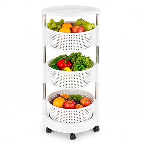 BAKAJI Carrello da Cucina portafrutta con cestelli apribili, Carrellino Portaoggetti Salvaspazio con 4 Ruote Girevoli, Struttura Acciaio e Cesti in plastica, Ideale Cucina, Bagno, (3 Ripiani)