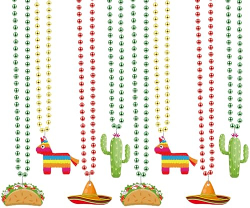 12 st Cinco de Mayo Fiesta pärlhalsband, färgglad mexikansk fiesta festdekoration långt halsband kaktus taco regnbåge alpacka sombrero tillbehör för mexikansk fiesta karneval taco tisdag fest dekor