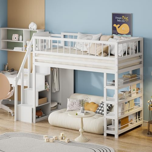 YESGIGA Hochbett 90 x 200, Hochzaun-Sicherheitsdesign mit Kleiderschrank, Regalen und Stauraum mit Sicherheitskletterleiter, Multifunktionsbett, Massivholzbett (Weiß)