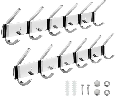 LA BONHEUR Hakenleiste Kleiderhaken 2 Stück Wand Wandhaken Bad Badzimmer Küche Tür Garderobe Garderobenhaken für Kleidung, Edelstahl Malprozess Halter (6 Haken) 42cm (Silber)