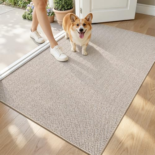 LUMI Ultra Thin Indoor Door Mat for Entrance 32x48, Non Slip Entryway Mat, Low Profile Doormat, Unique Herringbone Design Carpet for Inside, Patio, Porch, Beige