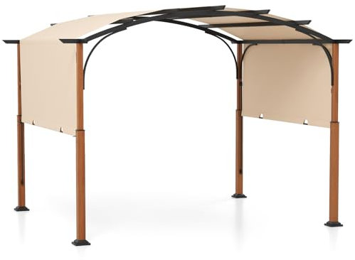 RELAX4LIFE Pavillon Pergola mit einstellbarem Dach Gewölbter Garten Pavillon 3,6 x 3 x 2,6m Terrassenüberdachung Wasserabweisend Sonnenschutz Terrassenpavillon Polyester Metall mit Erdanker (Beige)