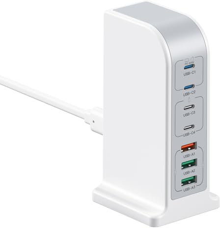 Caricatore USB multiplo da 180 W, adattatore a 7 porte con 4 USB-C + 3 USB-A, stazione di ricarica USB C, caricatore multiporta per MacBook Pro/iPad, iPhone 15 14 13 12 Pro Max, Samsung S24 Ultra,