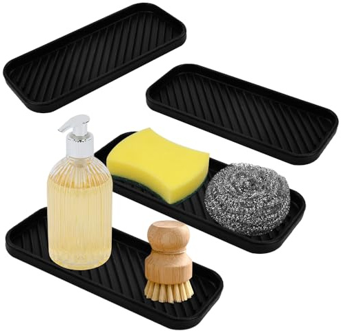 NAROSEBE 4 Stücke Silikon Abtropfmatte Spüle Schwarz Abtropfmatte Schwamm | 23 x 9 cm, Spülbecken Organizer Silikon Spülbeckenmatte Abtropfmatten, Spülbecken Geschirr, für Schwämme, Seifen, Bürsten