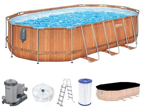 Bestway Steel Pro MAX Comfort Jet Series Frame Pool Set, 610 x 366 x 122 cm, Holz-Optik, 20.241 L, TriTech-Material, Comfort Jet-Düsen, Filterpumpe, Antihaftbeschichtung, Sicherheitsleiter, LED-Licht