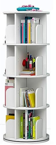 Um 360 Grad drehbares Eck-Bücherregal, Aufbewahrungs-Organizer für Schlafzimmer und Wohnzimmer, kleiner Raum, bodenstehend, Präsentationsregal mit schmalem Regaldesign (weiß, 4 Etagen)