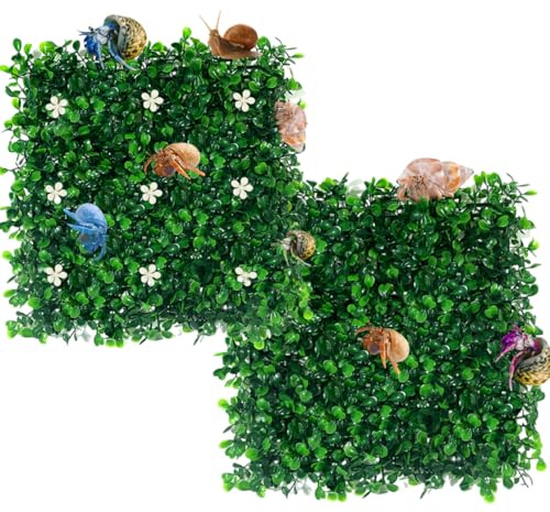 HyzaPhix 2 st eremit krabba klättringsleksaker, 25 x 25 cm fuskgräs matta reptilväxter konstgjorda buxbompaneler reptiltank tillbehör för skäggig drake ödla orm kameleont terrarium dekor (grön)
