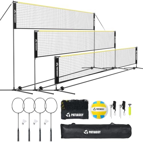 Patiassy 5,2 m tragbares Volleyball-Badminton-Netz-Set – Indoor Outdoor verstellbare Höhe Sportnetz mit Stangen, 4 Badmintonschläger, 3 Federbälle und 1 Volleyball für Hinterhöfe, Strand, Garten