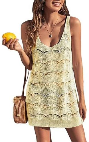 Saodimallsu Sommarklänning ärmlös för dam - Bohème-stil - I slätstickning - Sexig klänning i virkat kross - Fritidsklänning, Beige färg, S