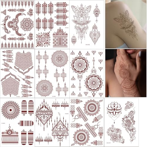 10 Sheets Brown Tattoo Stickers Kit,Temporary Tattoos,Body Art Fake Stickers Waterproof Face Realistic Tattoo Sticker for Women Girls Parties,Festivals,and Everyday Use