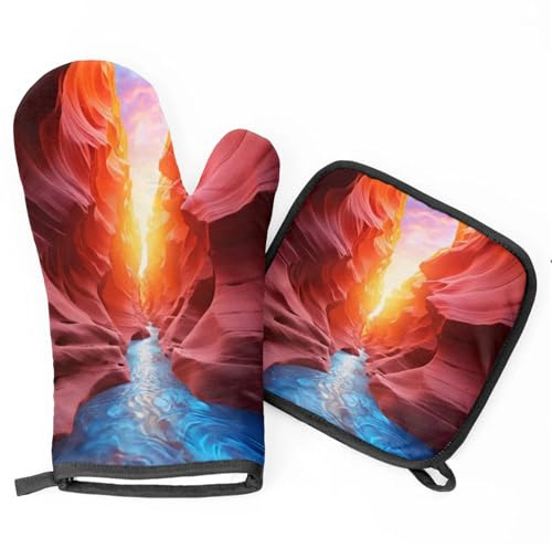Soft Baking Gloves Sunrise Mountain Stream Modern Oven Mitts and Pot Holders Sets for Handling Hot Pots Barbecue