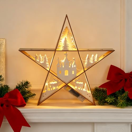 SALCAR LED Stern aus Holz 30 cm, Weihnachtsdeko Tischleuchte mit Warmweißem Licht, Batterie betrieben, Advent Winter Dekoration für Tisch & Fenster