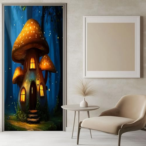Türtapete selbstklebend - 77 x 200 cm Cartoon-Stil -Türposter, Wald Magie Pilzhaus Fantasie Türaufkleber, Aufkleber PVC Folie, Klebefolie für türen, Tür tattoo, Modern Heim Decoration