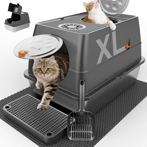 Stainless Steel Litter Box with Lid XL Extra Large Litter Box Enclosed Top Entry Metal Litterbox for Big Cats Easy Cleaning Anti-Leakage & High Sided with Mat Aisle & Scoop, Dark Grey