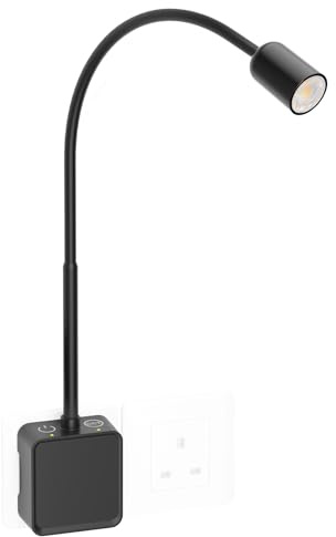 PRINCEWAY Plug in LED Wall Reading Light for Books in Bed, Dimmable LED Black Flexible Bedside Wall Lamp with Power Plug, Two Touch Switches, 3 Lighting Color Modes, 50° Spot Light Angle