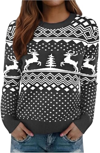 Jahetuul Jersey de Navidad para Mujer con Reno y Árbol de Navidad Suéter de Invierno de Punto Cálido Cuello Redondo Ideal para Fiestas y Regalos Navideños