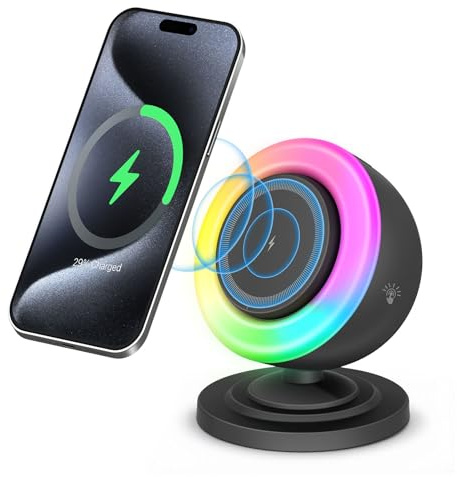 Caricabatterie wireless magnetico 3 in 1 con altoparlante Bluetooth e luce d'atmosfera RGB, ricarica rapida da 15 W per iPhone 12/13/14/15/16 (nero)