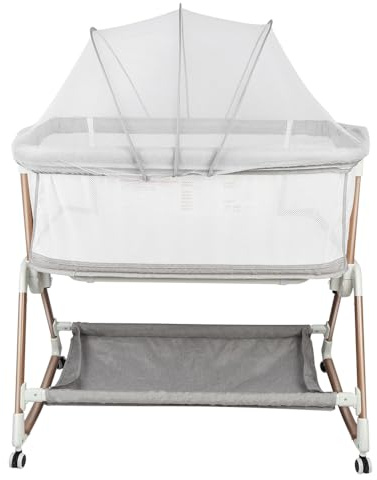 OHMG Beistellbett,Babybett,Babywiege,3 in 1 Babybett Babywiege für Neugeborene,Schaukelbettchen für Zuhause und Unterwegs mit Rädern verstellbare 6 Höhen (Grau（90X60X90-115cm）)