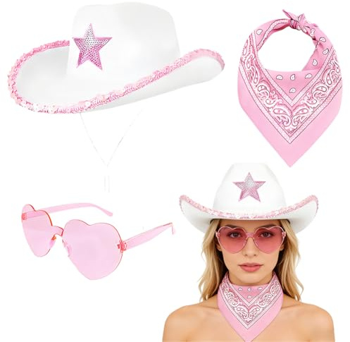 APPCRFM Cowboy Hat Women, 3 Piece Cowgirl Fancy Dress Set with Hat, White Five-Pointed Star Western Cowboy Hat, Adult Wild-Themed Party Costumes (Whit)