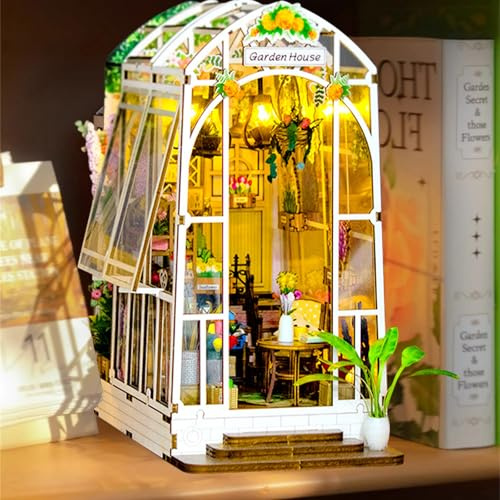 DIY Book Nook Kit Garden Shed with Furniture and LED Lamp, Miniature House, 3D Puzzle Booknook Model Kit, Diorama Model Building for Adults, Bookshelf for Decoration, for Birthday