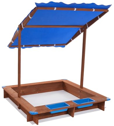 Gdetnysty Sabbiera in legno per bambini con copertura del tetto, 126 x 121 x 118 cm, sabbiera in legno blu e marrone, con tappetino per sabbia per giardino, esterno per bambini dai 3 anni ai 14 anni
