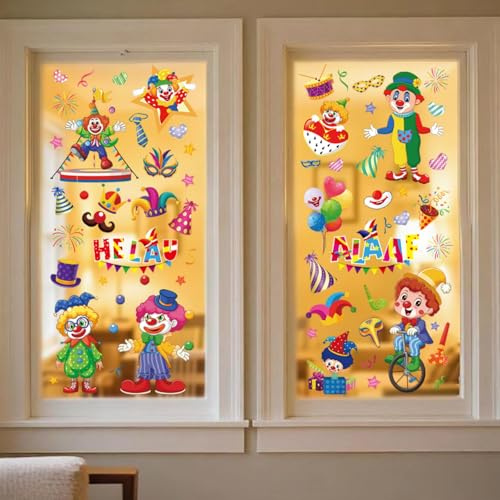 9 Blatt Fensterbilder Karneval,Karneval Deko Fenster,Fensterbilder Fasching,Faschingsdeko Fenster,Tiere Fensteraufkleber Clown（20×30cm）