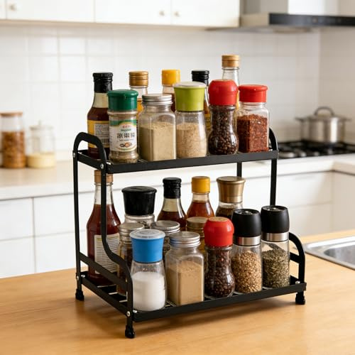 OurLeeme 2 Tier Coffee Station Organizer, 32.5x30x22 cm for Countertop | Kitchen Spice Rack Bar Station Organizer, Condiment Standing Storage Shelf, Bar Accessories Caddy for Home Office