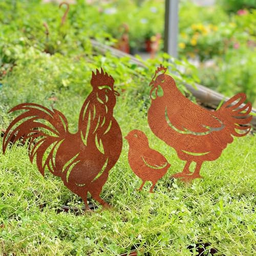 WRQIOO Gartenstecker Rost Huhn 3er Set, Rost Deko Garten Hühner, Metall Hühner Gartenstecker, Roststecker Huhn Hahn Küken für GartenHahn Küken, Balkon, Terrasse Dekoration