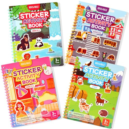 BuyCard 4 Pack Reusable Sticker Book for 2 3 4 Year Olds | 3d sticker book versatile sticker activity pack,perfect for travel, quiet time, or on-the-go entertainment