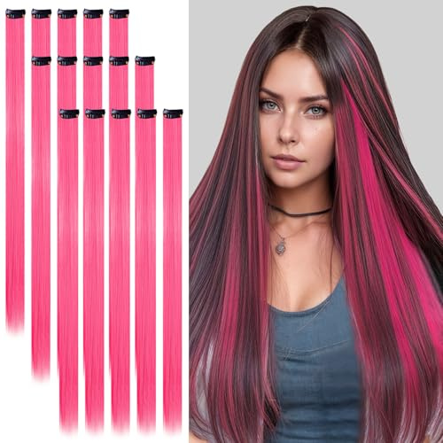 15 ciocche di capelli rosa, da agganciare, con clip, 55 cm, eleganti e versatili, adatte per feste, vacanze, cosplay e uso quotidiano