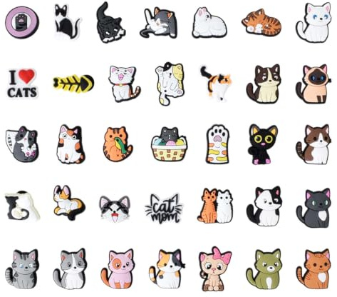 35 Pièces Shoe Charms Chats Mignons pour Sabots, Décoration de Chaussures en PVC Kawaii, Multicolore, Accessoires de Mode pour Baskets Sandales et Bracelets, pour Enfants et Adultes