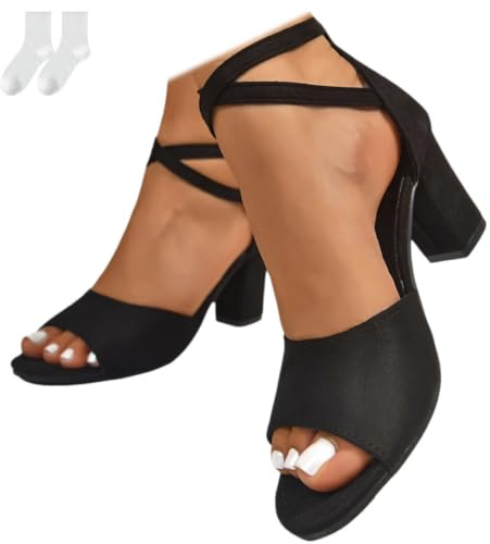 Women's High Heel Sandals with Block Heel, Elegant Open Toe Sandalettes | Summer Shoes with Cross Straps and Buckle Plus Size Comfortable Bridal Shoes for Party Wedding
