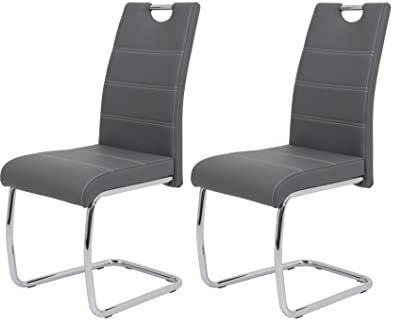Hela Tische 2er Set Schwingstuhl, Küchenstuhl Flora, Kunstleder Grau, Griffmulde, Metallgestell verchromt, 42x57x98 cm